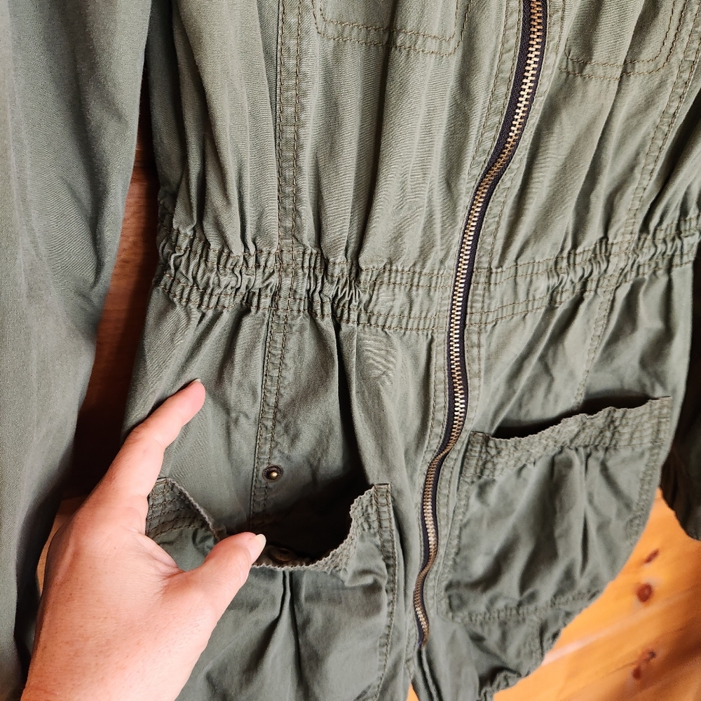Black Rivet Hooded Military Utility Cargo Jacket Outdoor Green Stretch Zip Sz XS - Picture 6 of 10